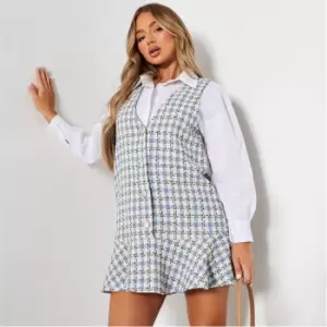 I Saw It First Boucle Tweed Button Down Pinafore Dress - Blue