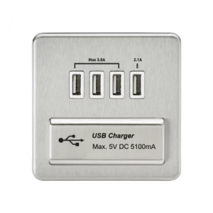 KnightsBridge 1G Screwless Brushed Chrome Quad USB 5V Charger Outlet - White Insert