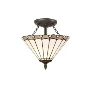 2 Light Semi Flush Ceiling E27 With 30cm Tiffany Shade, Grey, Crystal, Aged Antique Brass