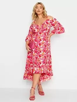 Yours Cold Shoulder Midaxi Dress Brush Stroke Floral, Pink, Size 16, Women