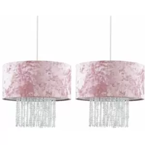 Minisun - 2 x Pink Velvet Ceiling Pendant Light Shades With Clear Acrylic Droplets