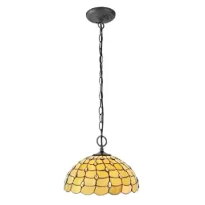 2 Light Downlighter Ceiling Pendant E27 With 50cm Tiffany Shade, Beige, Clear Crystal, Aged Antique Brass - Luminosa Lighting