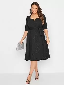 Yours Glitter Notch Neck Skater Dress - Black, Size 20, Women