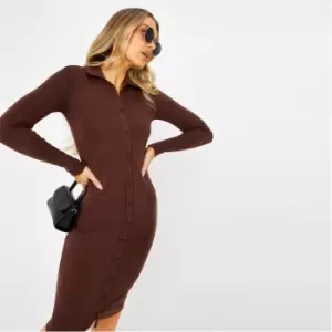 I Saw It First Cotton Rib Button Front Collared Midi Dress - Brown