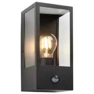 Loops - Matt Black Outdoor Wall Light & pir Sensor - Rectangular Lantern - Clear Glass