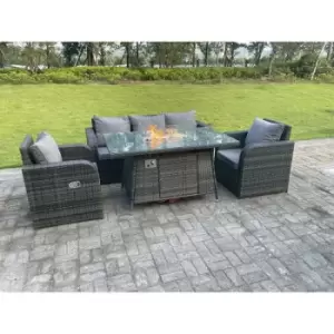 Fimous 5 Seater Outdoor Dark Grey Mixed Rattan Lounge Complete Sofa Set with Gas Fire Pit Table