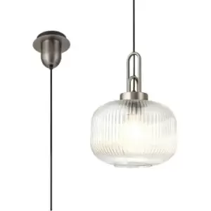 Luminosa 1 Light Pendant E27 30cm Pumpkin Shaped Ribbed Glass, Clear Antique Silver, Black