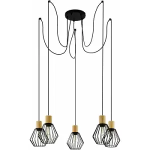 Hanging Ceiling Pendant Light Black Cage & Wood 5x E27 Multi Bulb Feature Lamp