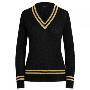 Lauren by Ralph Lauren Metallic V Neck Cricket Jumper - Black/Gold LRX