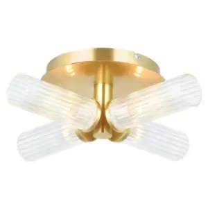 Endon Talo Bathroom Multi Arm Glass Semi Flush Ceiling Lamp, Satin Brass Plate, Ribbed Glass, IP44