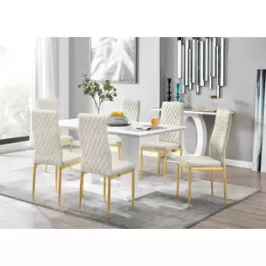 Furniture Box Imperia 6 White Dining Table and 6 Cream Velvet Milan Gold Leg Chairs