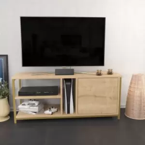 Decorotika Neola 119cm Wide Modern TV Stand, TV Unit, TV Cabinet Storage With Three Open Shelves And Cabinet - Yellow And Oak Colour