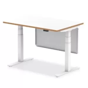 Oslo 1200mm Height Adjustable Desk White Top Natural Wood Edge White Frame With White Steel Modesty Panel