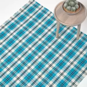 Irvine Handwoven Blue Tartan 100% Cotton Rug, 70 x 120cm - Blue - Homescapes