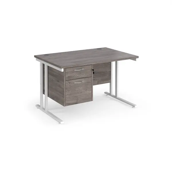 Maestro 25 straight desk 1200mm x 800mm with 2 drawer pedestal - white cantilever leg frame, grey oak top