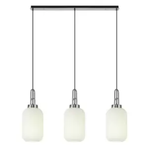 Luminosa Linear 3 Light Pendant E27 With 20cm Tubular Ribbed Glass, Opal Polished Nickel, Matt Black