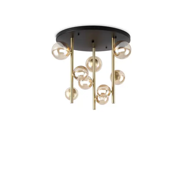 Perlage 9 Light Globe Ceiling Light Brass, Amber Glass Shade