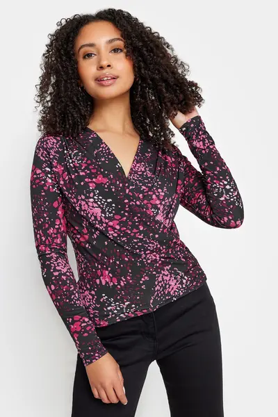 M&Co Petite Wrap Long Sleeve Top Pink