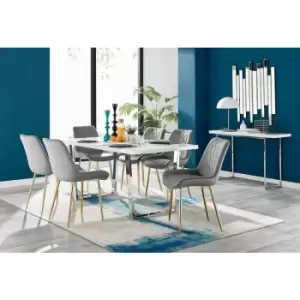 Kylo White High Gloss Dining Table & 6 Grey Pesaro Gold Leg Chairs - Elephant Grey