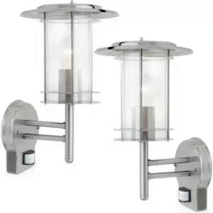 Loops - 2 pack IP44 Outdoor Wall Light Stainless Steel Lantern Glass Round pir Outdoor