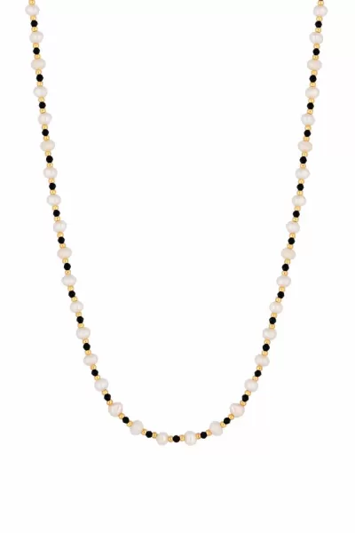 Freshwater Pearl And Black Bead 14" Necklace