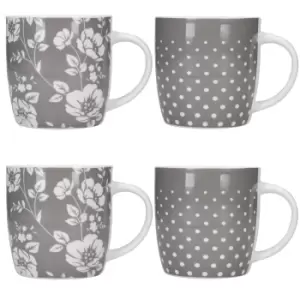 Set of 4 Grey Floral / Polka Dot Mug Set