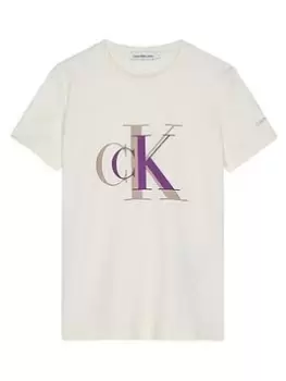 Calvin Klein Jeans Girls Colour Block Monogram T-Shirt - Off White, Size Age: 10 Years, Women