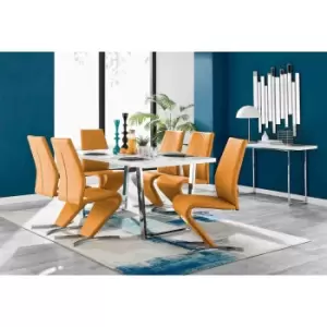 Furniture Box Kylo White High Gloss Dining Table and 6 Mustard Willow Chairs