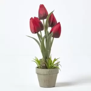 Homescapes - Dark Red Artificial Tulips Grey Decorative Stone Pot, 27cm - Red