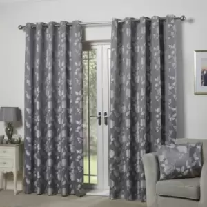 Emma Barclay Butterfly Meadow Floral Jacquard Lined Eyelet Curtains, Silver, 90 x 90 Inch