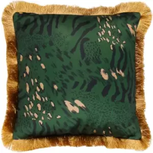 Paoletti Farrah Abstract Animal Print Fringed Cushion Cover, Emerald, 45 x 45 Cm