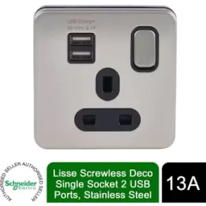 Schneider Electric Lisse Screwless Deco - Switched Single Power Socket, 13A, Single Pole, with 2 USB Charging Ports, 2.1A shared, GGBL30102USBABSSS, S