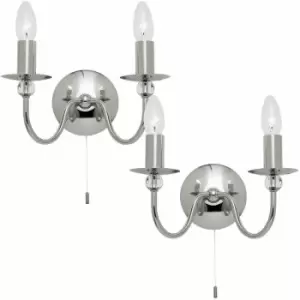 Loops - 2 pack LED Twin Wall Light Chrome & Glass Chandelier Metal Arm Dimmable Lamp