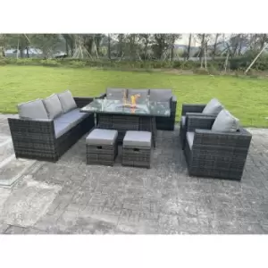 Fimous 8 Seater Outdoor Dark Grey Rattan Lounge Complete Sofa Set with Gas Fire Pit Table, Gas Heater and 2 Stools