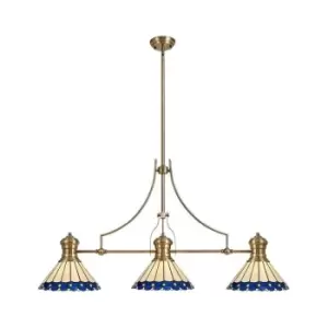 Luminosa Lighting - 3 Light Telescopic Ceiling Pendant E27 With 30cm Tiffany Shade, Antique Brass, Blue, Crystal