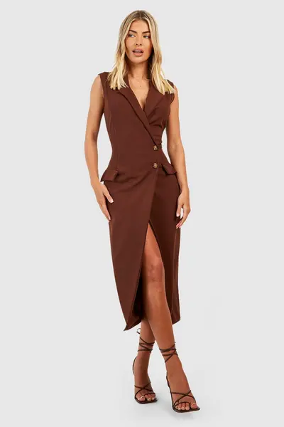 boohoo Crepe Wrap Front Midaxi Blazer Dress Chocolate