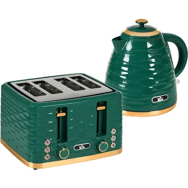 HOMCOM Kettle and Toaster Set 1.7L Rapid Boil Kettle & 4 Slice Toaster Green - Green - Homcom 5056725351922