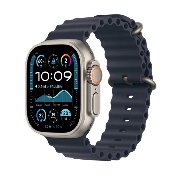 Apple Watch Ultra 2, 49mm, Natural Titanium Case, GPS + Cellular [2024] - Navy Ocean Band