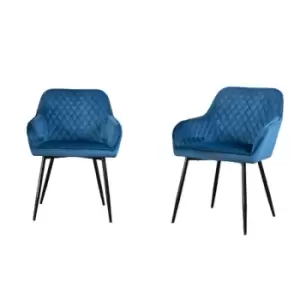 Set of 2 Blue Velvet Dining Chairs Upholstered Seat Armrest with Metal Legs - blue