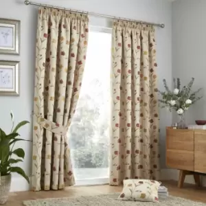 Juliette Floral Jacquard Weave Pencil Pleat Lined Curtains, Natural/Red, 46 x 72" - Curtina