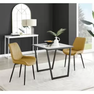 Furniturebox Carson White Marble Effect Square Dining Table & 2 Mustard Pesaro Black Leg Velvet Chairs