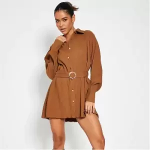 I Saw It First Crinkle Belted Waist Mini Shirt Dress - Brown