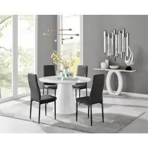 Furniturebox Palma White High Gloss 4 Seat Minimalist Post Modern Round Dining Table & 4 Black Milan Black Leg Faux Leather Chairs