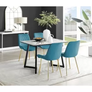 Furniturebox Carson White Marble Effect Recatngular 120cm Dining Table & 4 Blue Pesaro Gold Leg Velvet Chairs