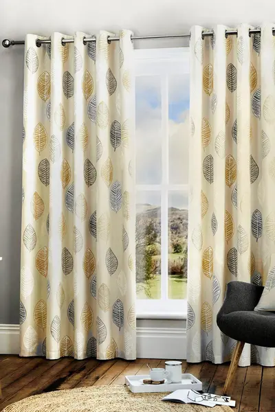 Fusion Skandi Leaf 100% Cotton Pair of Eyelet Curtains 66x54in Yellow 76466413003