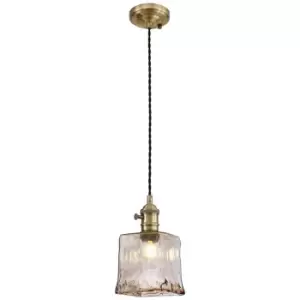 Luminosa Lighting - Luminosa Leyden Switched Ceiling Pendant 1.5m, E27, Antique Brass, Black Twisted Cable, Brown Square Glass