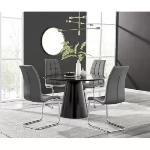 Furniturebox Palma Black Semi Gloss 120cm Round Minimalist Dining Table & 4 Grey Murano Chairs