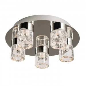 5 Light Bathroom Flush Ceiling Light Chrome, Clear Glass with Bubbles IP44