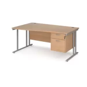 Office Desk Left Hand Wave Desk 1600mm With Pedestal Beech Top With Silver Frame Maestro 25 MC16WLP2SB