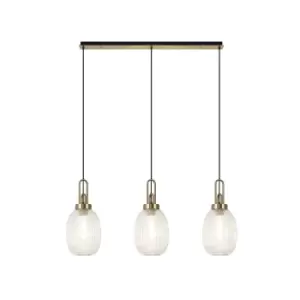 Yorktown Linear 3 Light Ceiling Pendant E27 With 20cm Almond Ribbed Glass, Champagne Brass Gold, Matt Black